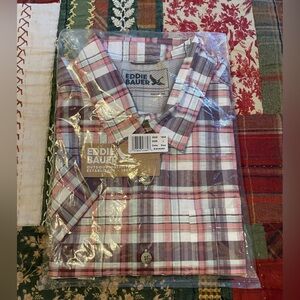 NWT Eddie Bauer UPF 30 Men's Plaid Shirt - Grey & Salmon Color